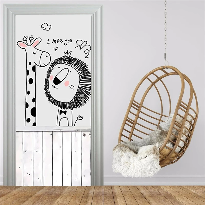 Hand Painting Cartoon Animals Panda Fox Lion Door Sticker for Kids Bedroom Wall Decor Waterproof PVC Self-adhesive Photo Mural