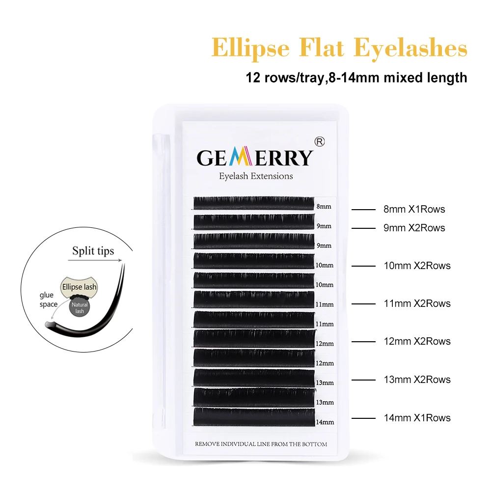 Gemerry Ellipse Flat Lashes Extension For Professional Eyelashes Split Tip Individual Soft Silk 0.15 Flat Eyelash Makeup Supplie