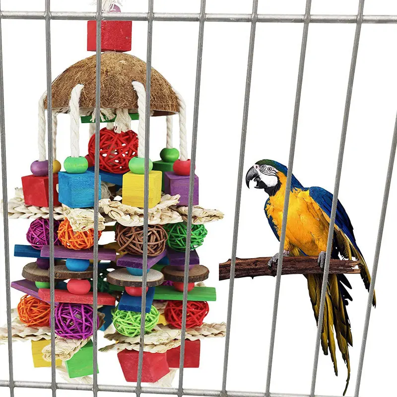 Large Parrot Chewing Toy-Natural Wooden Blocks Rattan Ball Tearing Toy Bird Cage Bite Toy For African Grey Macaws Cockatoos