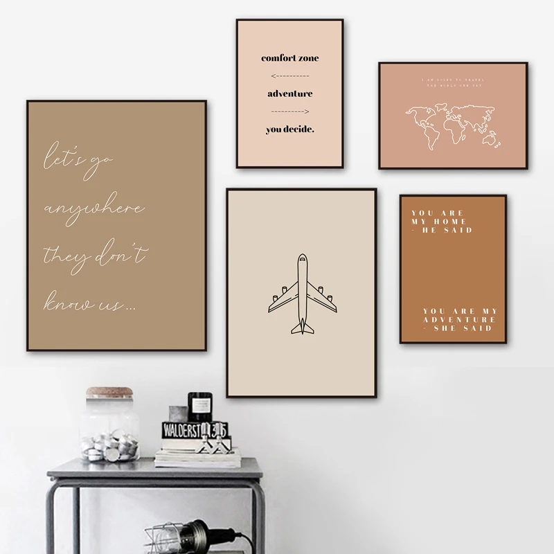 Travel Quotes Poster World Map Line Drawing Canvas Print Gallery Wall Art Pictures Modern Boho Painting Living Room Home Decor