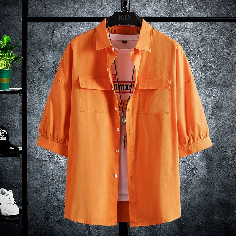 

2021 New Summer Men's Solid Slim Short-sleeved Shirt Thin Coat Pockets High Quality Men's Shirts Casual Beach Shirt Dropshipping