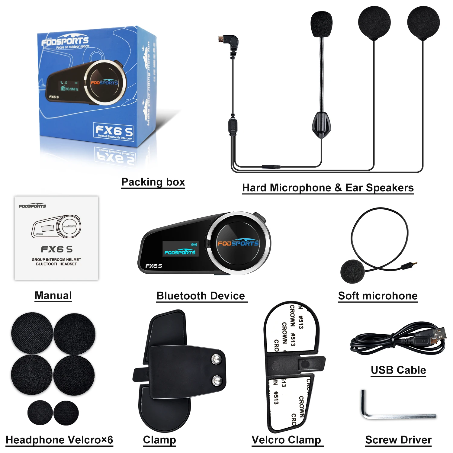 Fodsports FX6S Helmet Bluetooth Intercom Motorcycle Helmet Headset 6 Rider BT 5.0 Interphone with FM Radio,OLED Screen