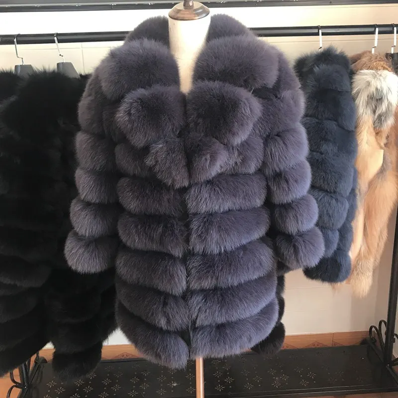 Abrigo de piel de zorro Real para mujer, Chaqueta corta de invierno, abrigos de piel de zorro azul Natural, promoción caliente, 70cm, nuevo