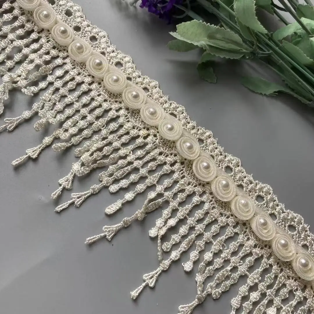 1 Yard Ivory 8cm Ribbon Plum Flowers Pearl Lace Trimmings Ribbons Beaded Lace Fabric Embroidered Sewing Wedding Dress Clothes