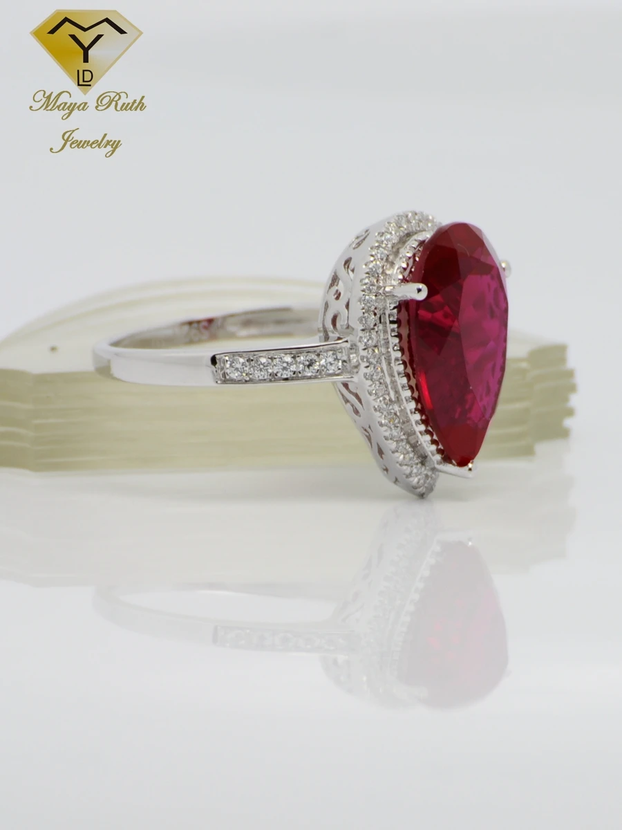 Gemaakt Ruby Real Echt 925 Sterling Silver Party Cocktail Ring Voor Vrouwen Peer Druppelvorm Imitatie Rode Edelsteen Vrouwelijke Geschenken