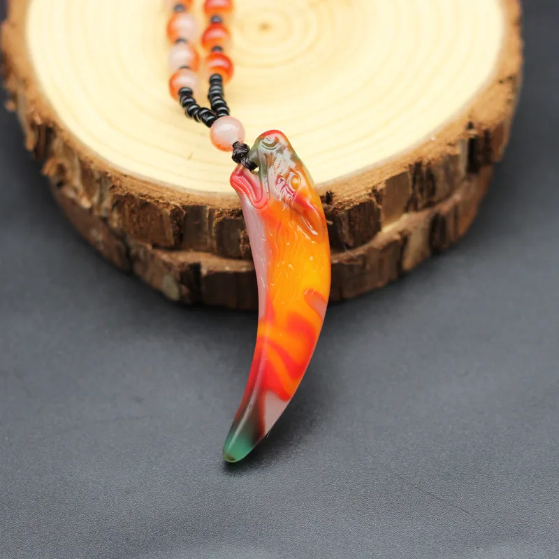 

Natural Color Jade Wolf Tooth Pendant Necklace Chinese Jadeite Double-sided Carved Fashion Charm Jewelry Amulet Men Women Gifts