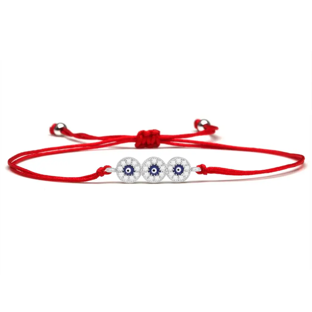 White Cubic Zirconia Crystal Three Blue Turkey Evil Eye Charm Bracelet Women Girl CZ Round Eye Red String Handmade Jewelry Gift