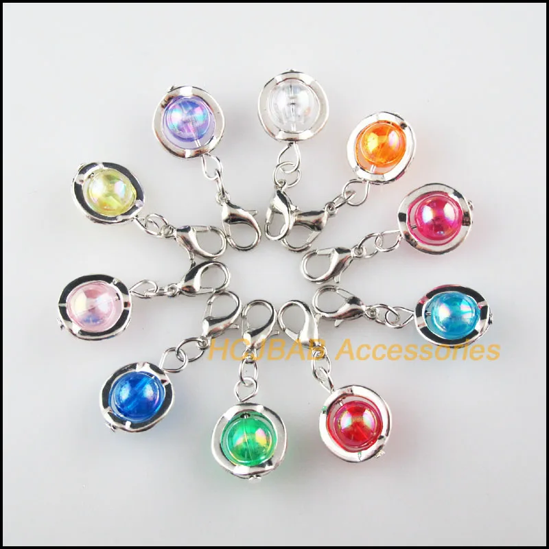 20Pcs Tibetan Silver Plated Round Frame Mixed Mirage Resin Charms Pendants With Lobster Claw Clasps 13x19mm