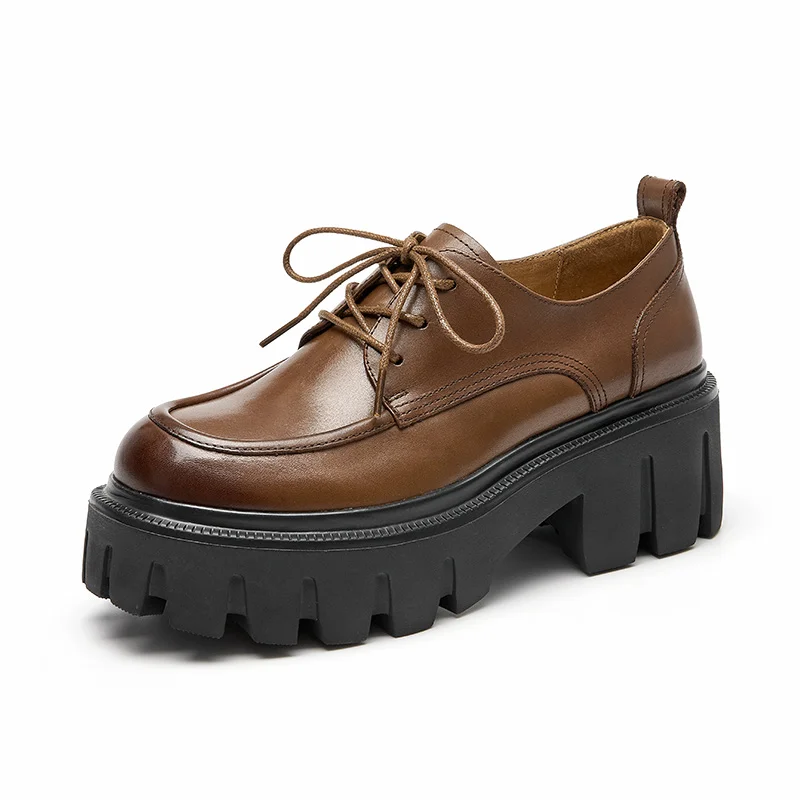Women's Cow Leather Derby Shoes, Black, 7cm Heel, Spring Autumn