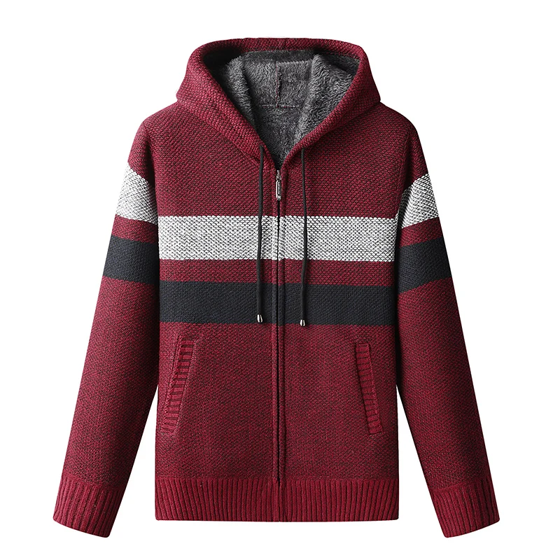 Autumn Winter Fleece Cardigan Thick Warm Knit Sweater Coat Casual Hooded Stripe Zipper Overcoat Wool Brand Korean Y2K Jacket