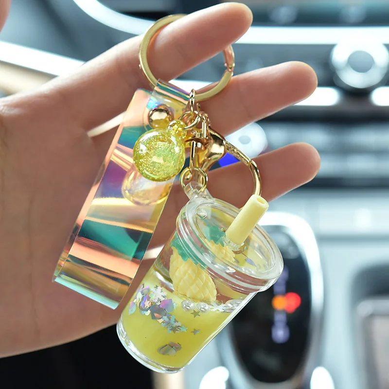 Creative Quicksand Sequin Fruit Strawberry Keychains Cartoon Moving Liquid Milk Tea Cup Keyring Bag Pendant Car Key Chain Gifts