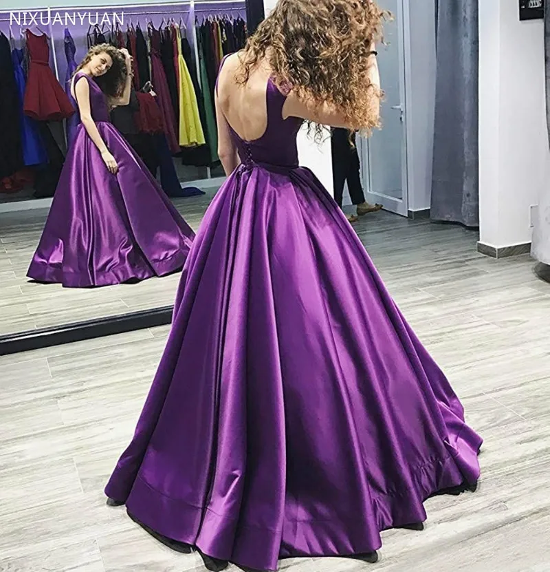 Evening Dress Simple Long Satin Prom Dress Sexy Backless Womens Pageant Gown Formal Dress Vestido De Festa