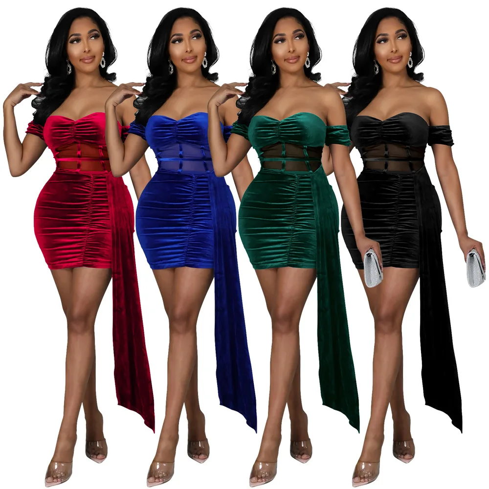 Women Mesh See Though Velvet Patchwork Off Shoulder Sweetheart Neck Bodycon Midi Mini Ruched Dress Sexy Night Party