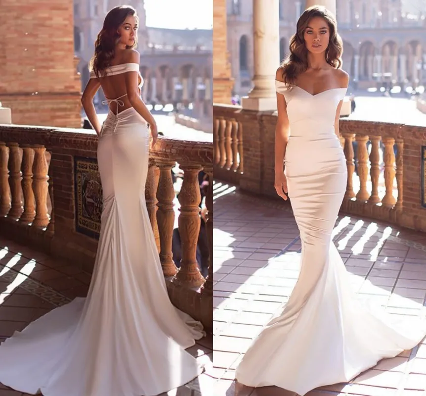 Sexy Simple Mermaid Wedding Dress 2024 Off The Shoulder Silk Satin Robe De Mariee Backless Boho Bride Gown