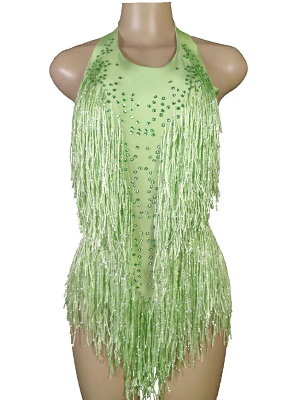 Sparkly Crystals Fringe Green Bodysuit Women Bling Rhinestones DJ Jazz Dance Costume Stage Performance Nightclub Show Outfit