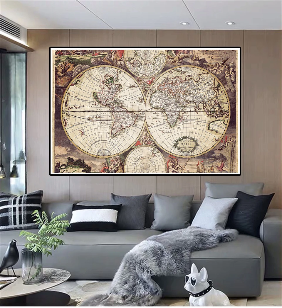 150*100cm Vintage Map of The World Non-woven Canvas Painting Medieval Latin Art Poster Living Room Home Decor School Supplies