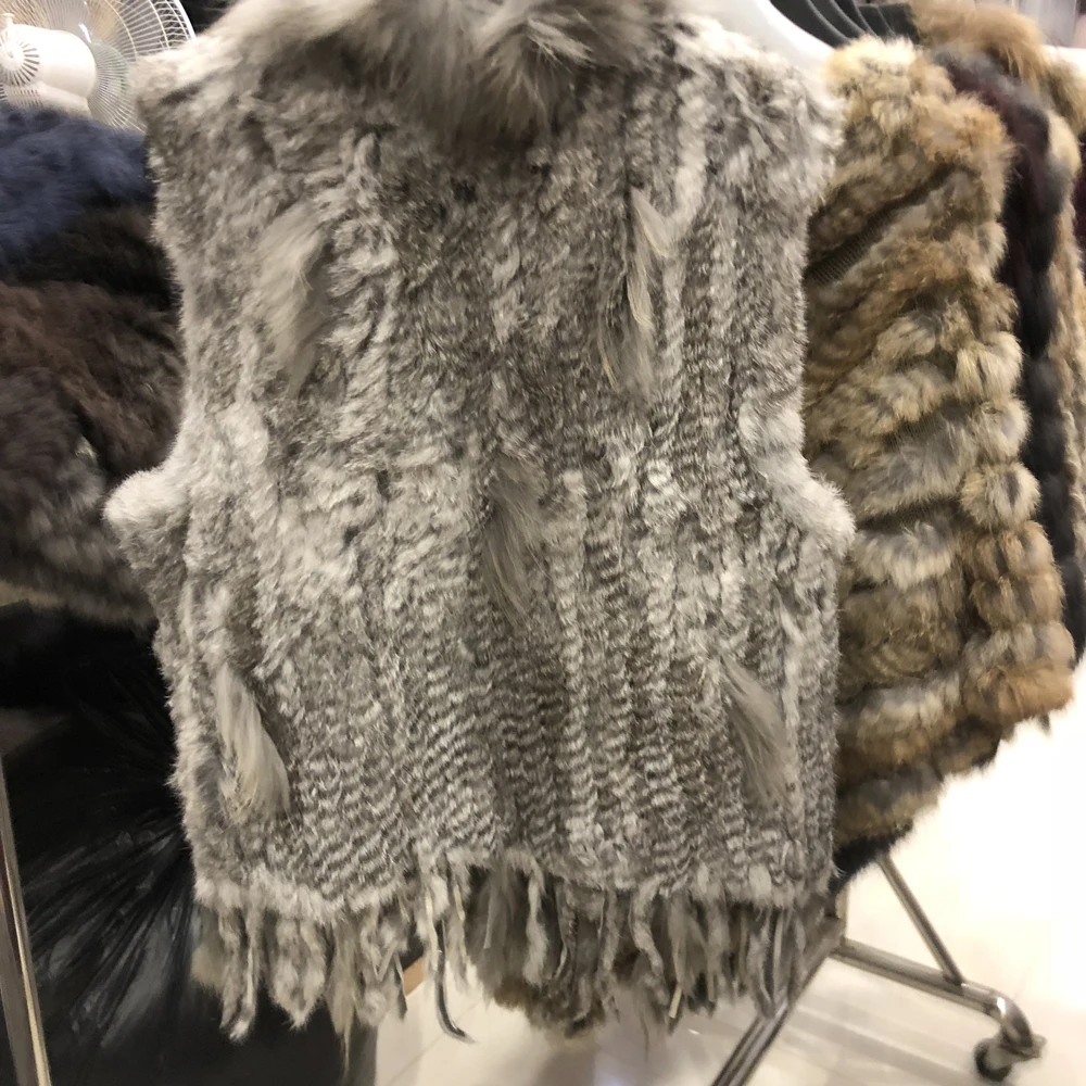 Wholesales Women Genuine Knitted Rabbit Fur Tassels Raccoon Fur Trimming Vests Grey Color Bust 100 cm V-neck streetwear Gilet