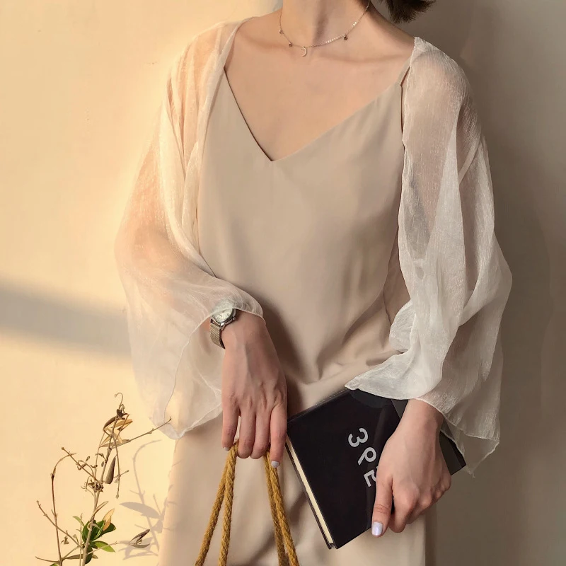 JANZHISAN Women Summer Crinkle Chiffon Cardigan Sheer Casual Beach See Through Cover Ups Transparent Loose Top For Vacation