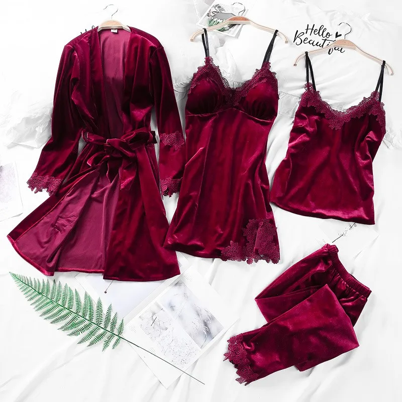 Kimono Gown Soft Sleepwear Women Velour Pajamas 4 Pieces PJS Set Casual Lace Bathrobe Velvet Pyjamas Intimate Lingerie Pijamas