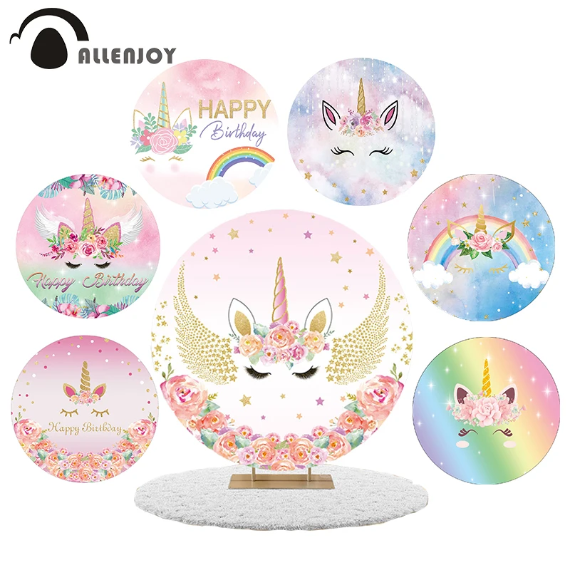 Allenjoy unicorn birthday party round backdrop cover circle banner newborn multiple choices customize photo background photocall