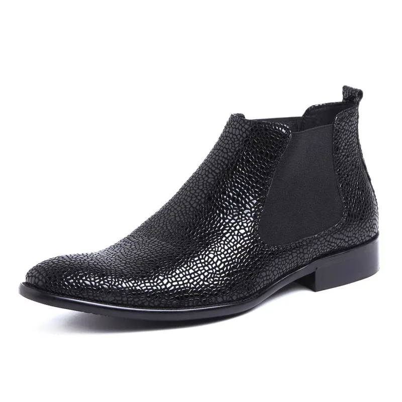 

Business Men Fashion Snake Dress Shoes Luxury Genuine Leather Wedding Chelsea Boots Slip On Pointed Toe Prom Party Ankle Boots