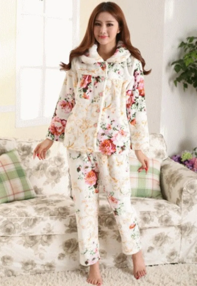 

D139 Winter Warm Flannel Women Pyjamas Girls Long Sleeve Sleepwear Pants And Top Clothes Pajamas Set