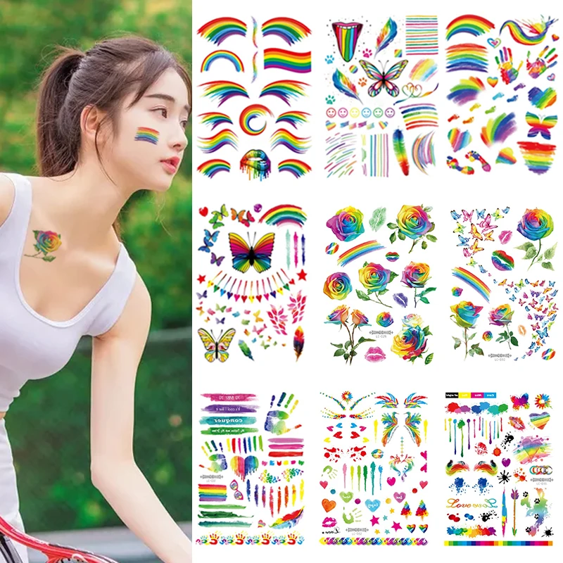 Rainbow Temporary Tattoo Stickers Colorful Flag Butterfly Flower Long Lasting Temp Tattoos for Gay Pride Men Women