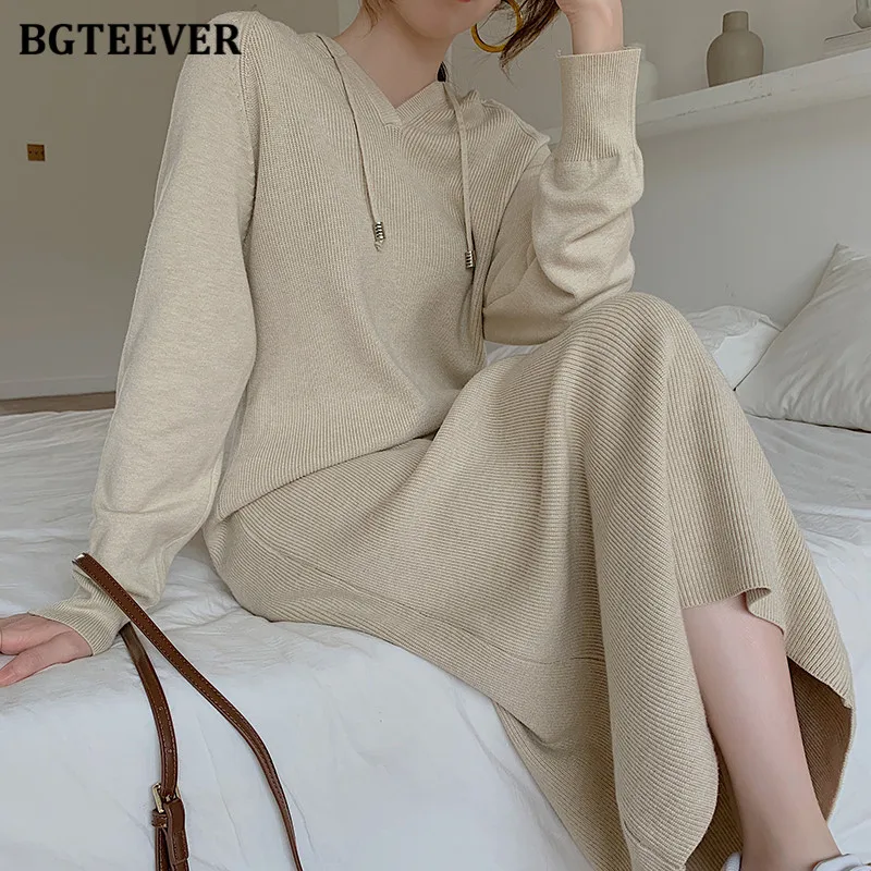 BGTEEVER Autumn Winter Women Dress 2021 Hooded Knitted Midi Dresses for Women Long Sleeve Loose Female Sweater Vestidos 2021