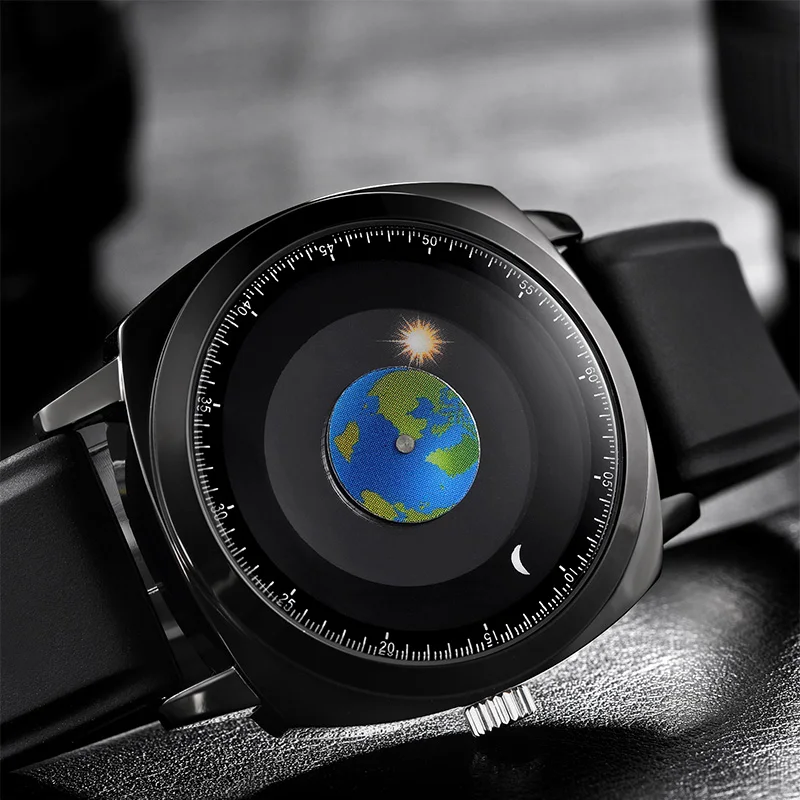 Addies Watch Fashion Creative Design Rotation Earth Sun Moon Watches Men Casual Leather Band Quartz Watches Relogio Masculino