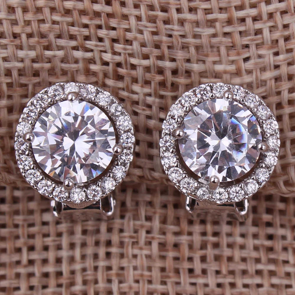 WENHQ Circle Shape Clip on Earrings No Pierced Luxury Fashion Party Wedding Cubic Zircon White Gold Color No Hole Ear Clip New