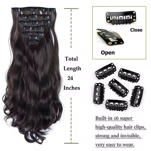 NICESY 16Clips Synthetic 24Inch Long Curly Hair Hairpiece Heat Resistant Hair Extension Clips In Ombre Black Brown Blond Women - Image 2