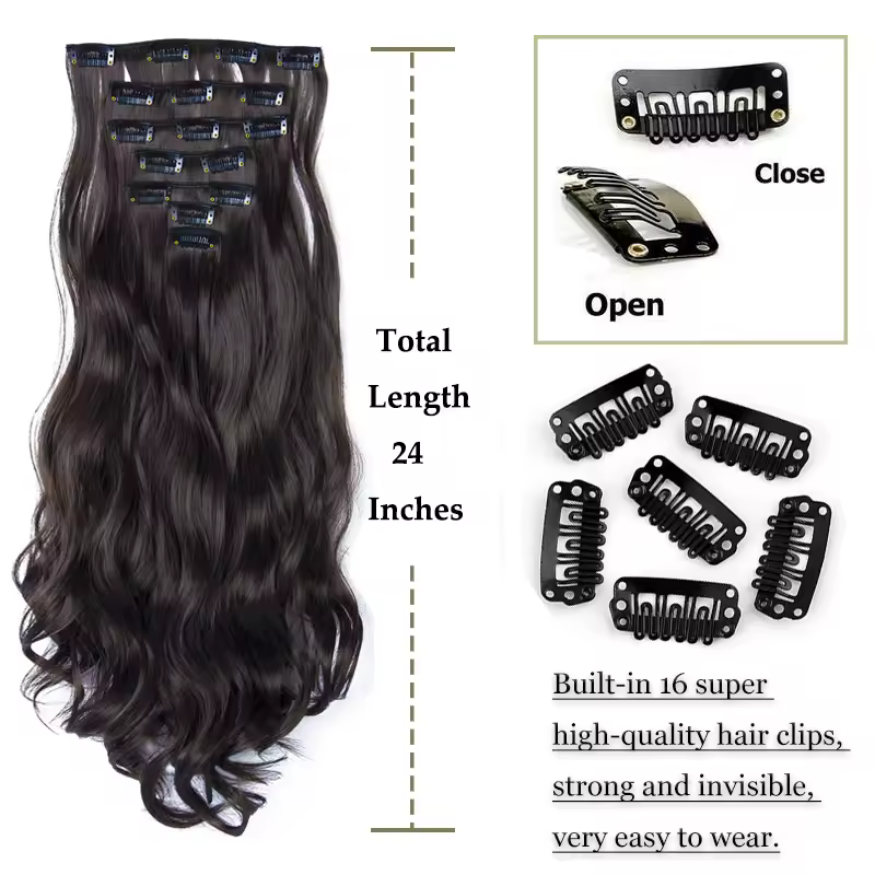 NICESY 16Clips Synthetic 24Inch Long Curly Hair Hairpiece Heat Resistant Hair Extension Clips In Ombre Black Brown Blond Women - Image 2