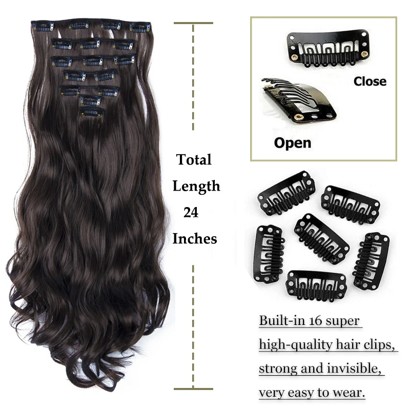 NICESY 16 pinzas, extensión de cabello sintético rizado de 24 pulgadas, postizo resistente al calor, con pinzas, en ombre negro, marrón y rubio para mujer 2