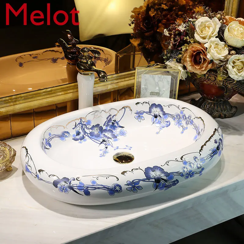 Upper Basin Wash Basin Bathroom Ceramic Art Table Basin Square Wash Basin Wash Basin Household Wash Basin Blue Gold