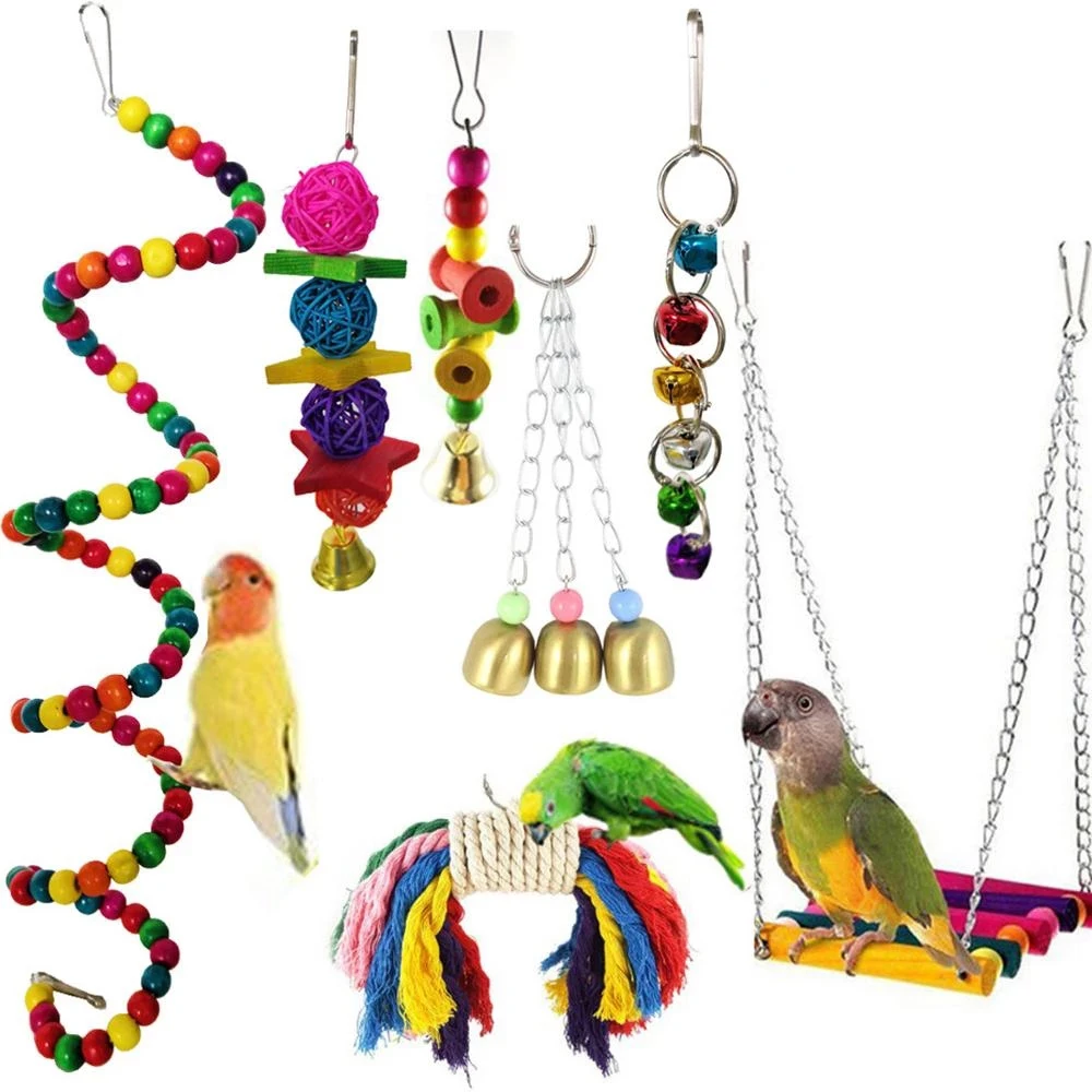 

5/7pcs Wooden Bird Toys Bird Swing Blocks Cotton Rope Chew Parrots Hanging Bridge String with Bells Swing Colorful Parrot Toys