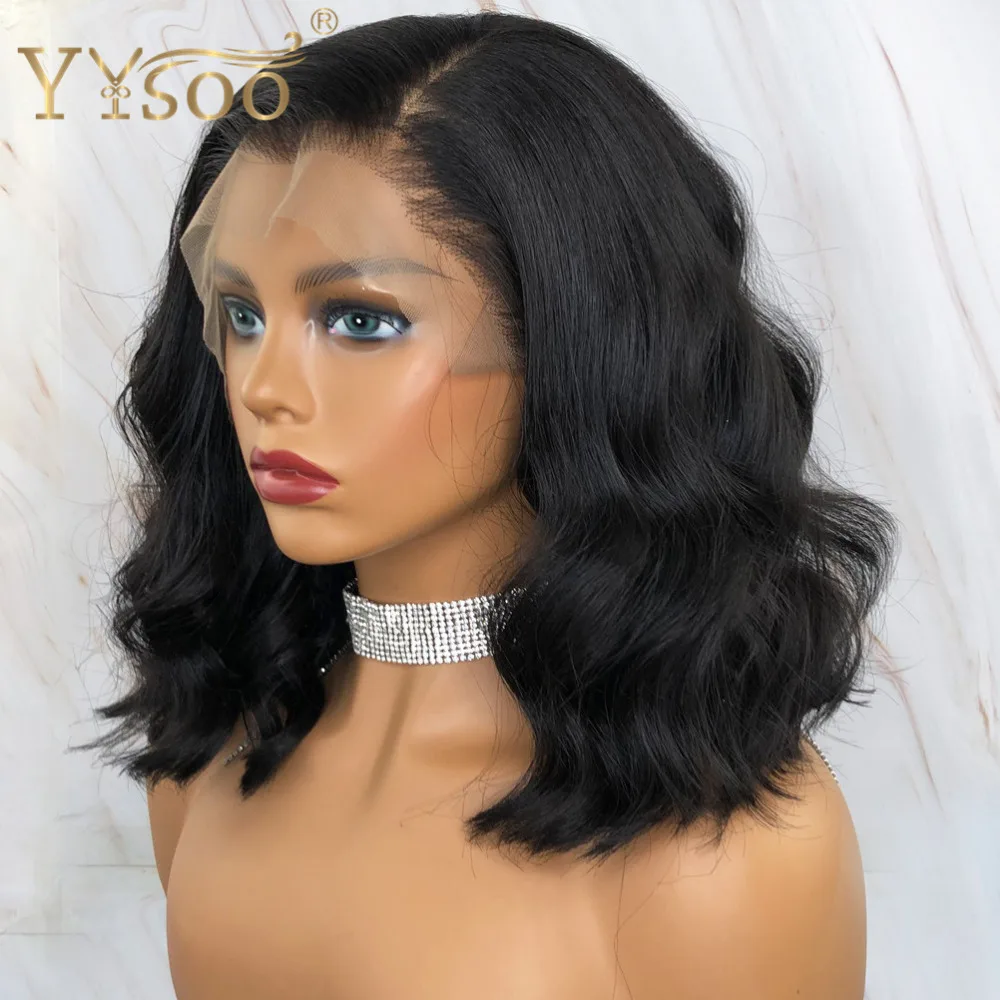 YYsoo Short Black Futura Synthetic Hair 13x4 Glueless Lace Front Wig Side Part Body Wave Black Wigs For Women 4inch Deep Parting