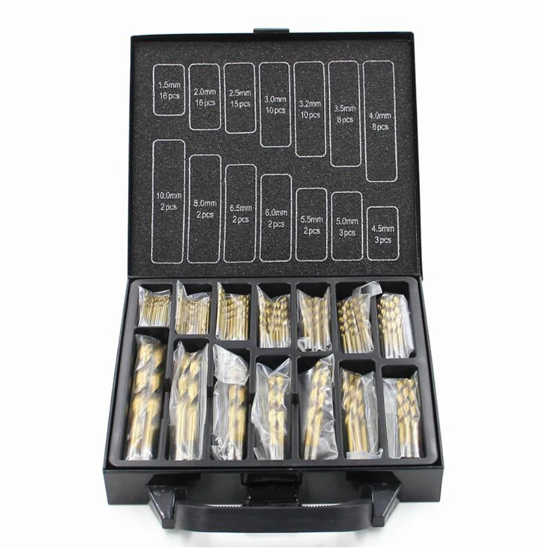 

Hole Opener Iron Box packing 99PCS HSS Twist Drill Bits Set 1.5-10mm Titanium Coated Surface 118 Degree For Drilling woodworking