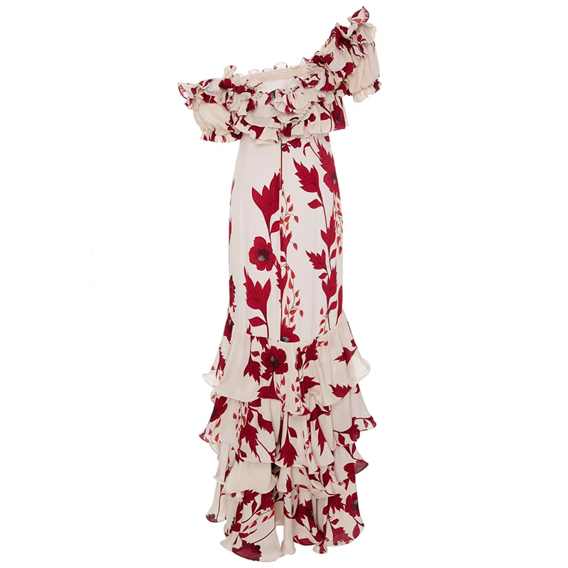 HIGH STREET New Summer 2026 Fashion Women\'s Elegant Cascading Ruffles Floral Print Slash Neck Beach Holiday Maxi Long Dress