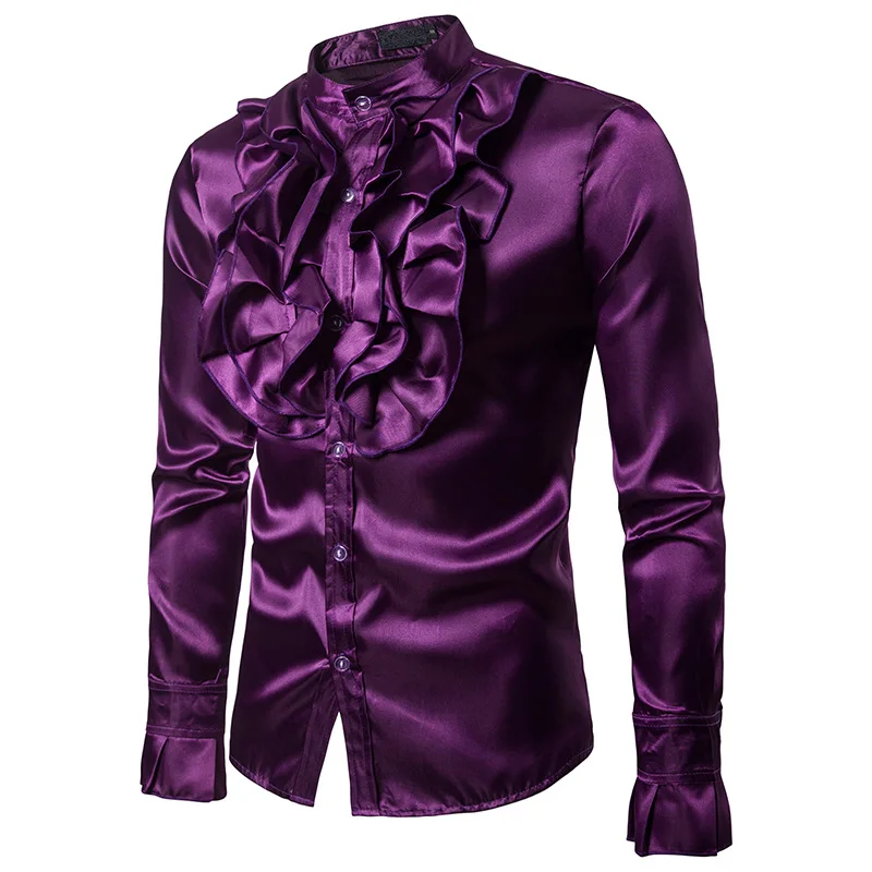 

Purple Silk Satin Shirt Men Slim Fit Chemise Homme Vintage Wedding Groom Tuxedo Dress Shirt Mens Long Sleeeve Gothic Shirts XXL