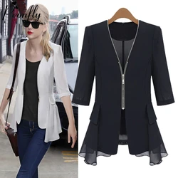 PEONFLY Chiffon Ruffled Solid Blazers Jacket Half Sleeve Women Patchwork Jackets Short 2022 Spring Korean Slim Coat