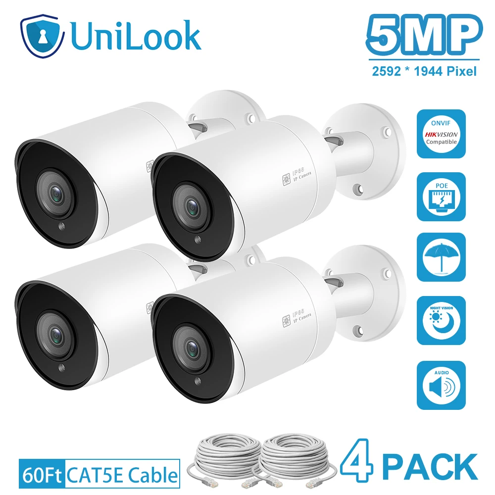 

UnilLook 5MP Bullet POE IP Camera 4PCS Built-in Microphone SD Card Slot IR 30m Security Outdoor Motion Alar