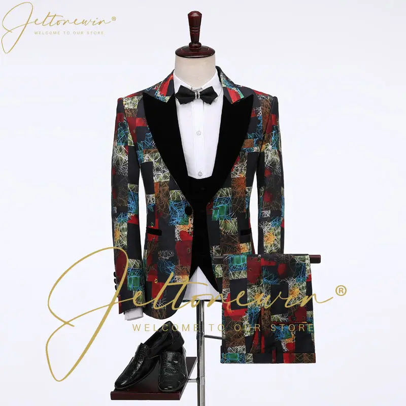 

Latest Designs Printed Floral Mens Suits For Wedding Peak Lapel Groom Tuxedos Slim Fit Terno Masculino Prom Party 3 Pieces Set