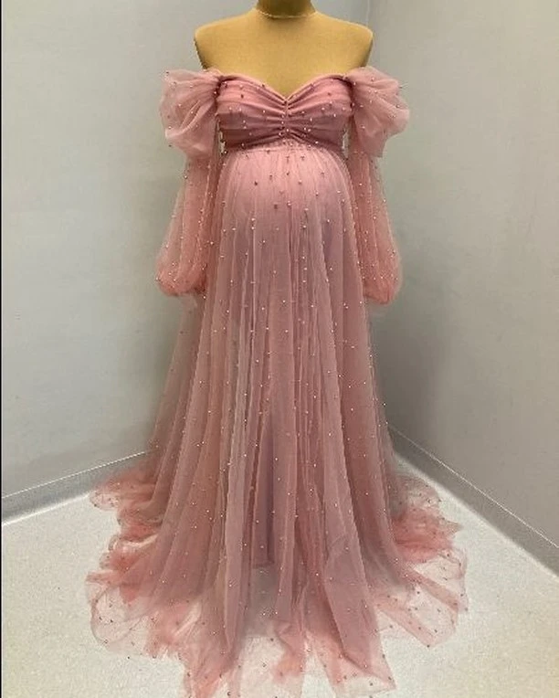 Sweet Pink Peals Tulle Maternity Dresses for Babyshower Off Shoulder Delicate Pregnant Evening Gown Long Sleeve Sweep Train Robe