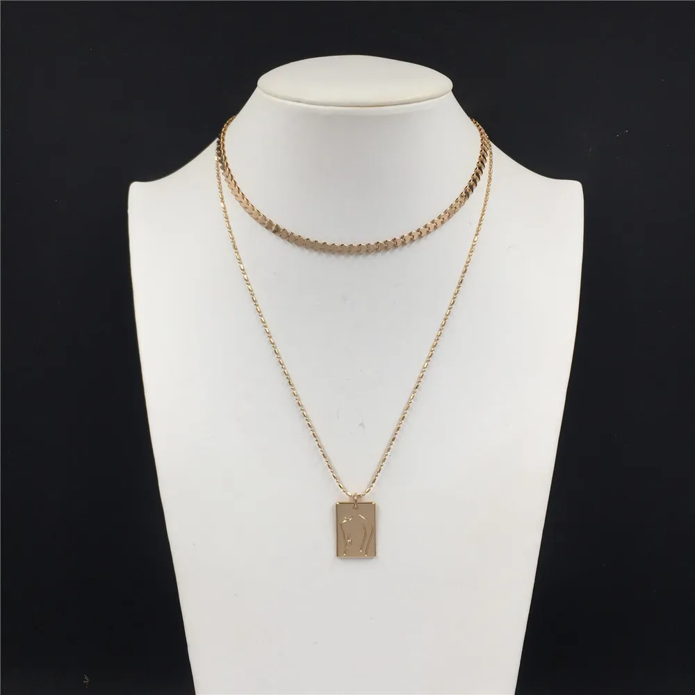 Bohemia Gold Color Plating Bady Line Engraved Pendant Layered Necklace For Women Girl Lovely Feminist Casual Elegant Jewelry