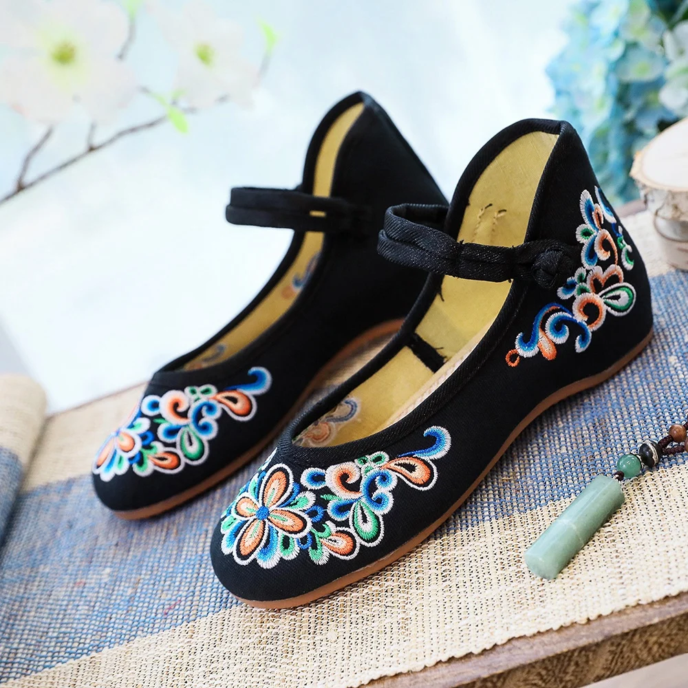 Veowalk Vintage Embroidery Women Cotton Mary Jane Flat Shoes Comfortable Ladies Walking Ballerinas Large Size 10 11 Black Blue