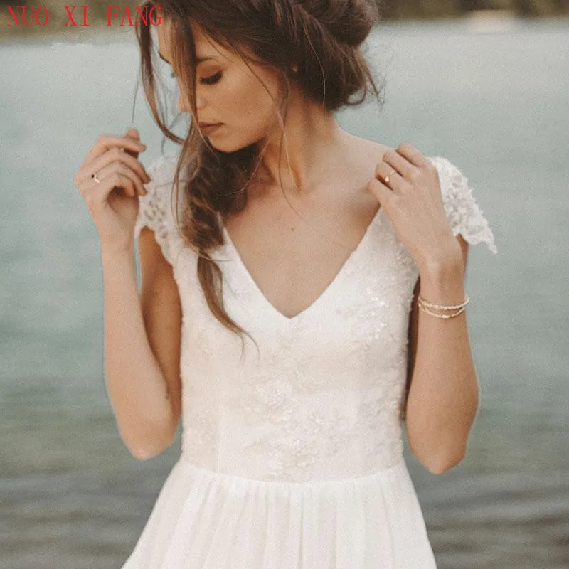 2022 Hot Koop Goedkope Strand Trouwjurken V-hals Cap Mouw A-lijn Chiffon Rok Lace Top Open Back Boho Wedding jassen