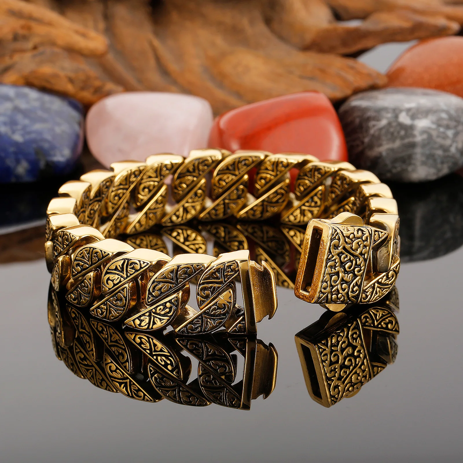 HAOYI Vintage Bracelet Ancient Patterns Unique Stainless Steel For Women Engraving Cuban Chain Man Bangles Couple Gift Jewel