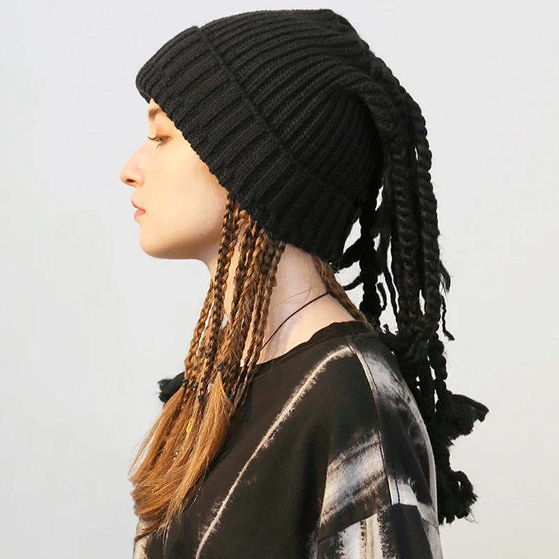 Gorro de punto de Color negro, gorro de barba con rastas, peluca hecha a mano, gorros de fantasía para Halloween