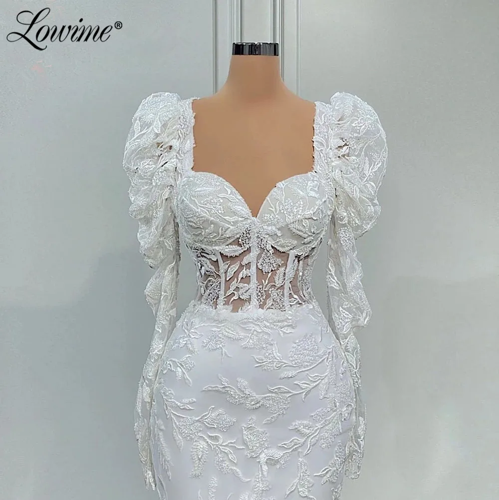 Lowime Lace White Elegant Evening Dresses Long Sleeves Dubai Middle East Party Gowns 2022 Plus Size Robes Mermaid Prom Dresses