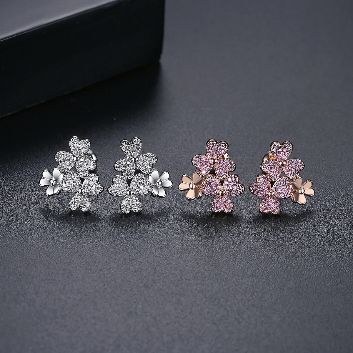 LUOTEEMI Lucky Four Leaf Flower Stud Earrings for Women Tiny CZ Stone Pave Fashion Jewelry for Women Dating Party Christmas Gift